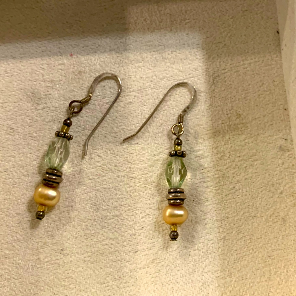 White Pearl and Green Bead Drop Earrings